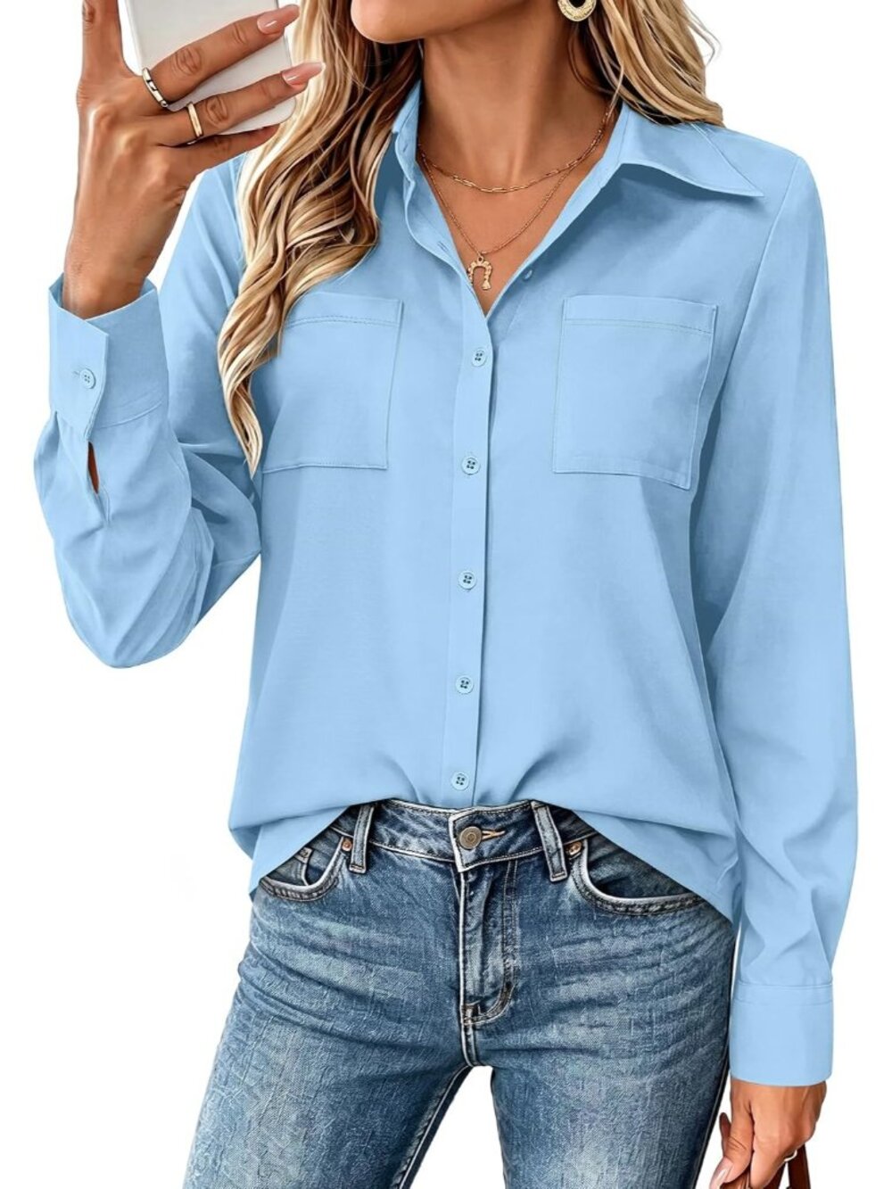 Women's Cute Blue Long Sleeve Shirts Button Down Top Pocket Casual Blouses